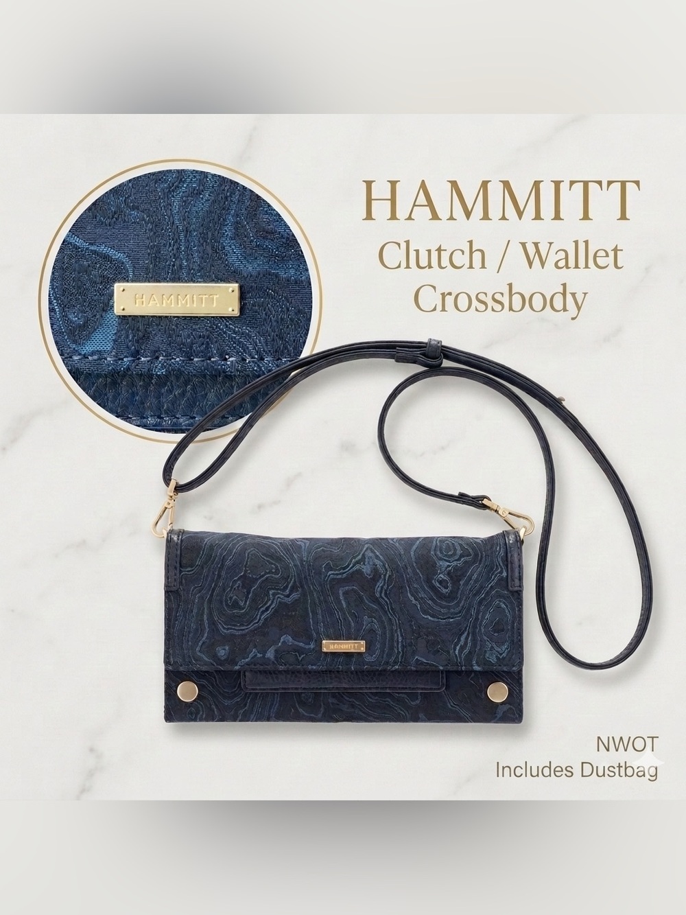 NWOT Hammitt AJ Crossbody Wallet Clutch Satin Tides Navy Gold Dustbag